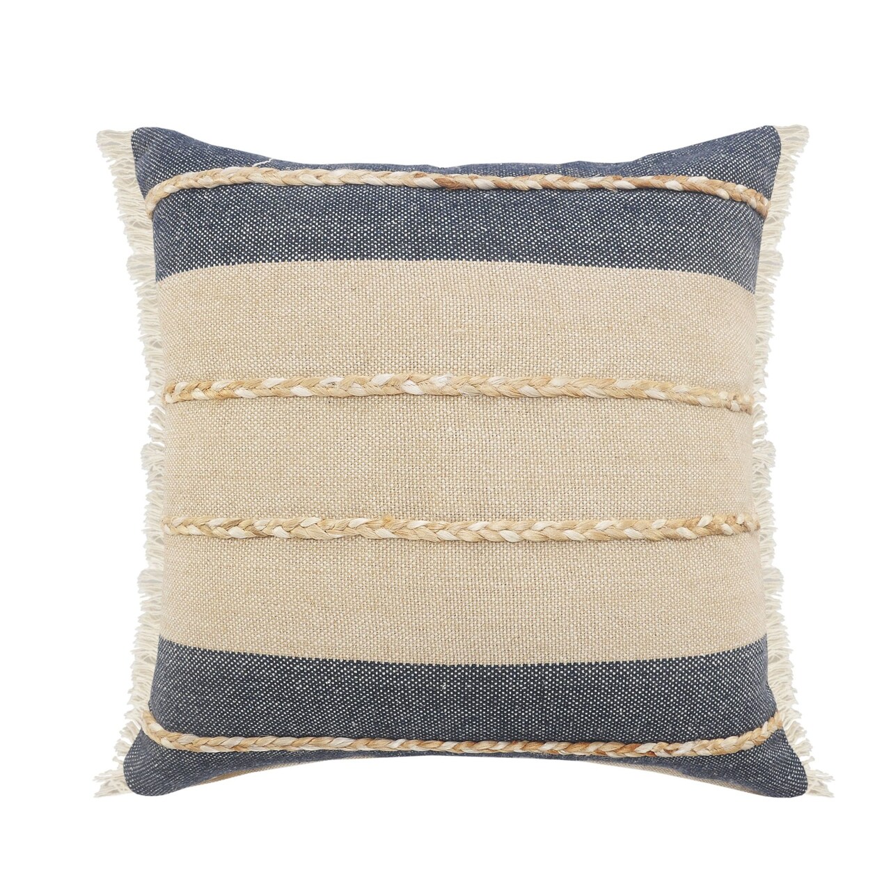 Laddha Home Designs 24" Tan and Blue Striped Square Throw Pillow with Jute Braiding